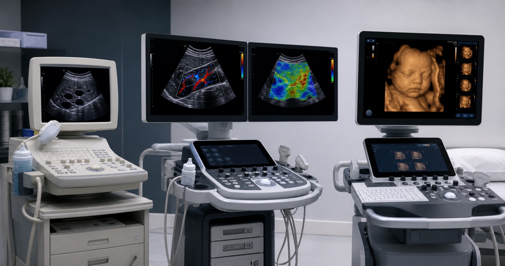 Escena editorial hiperrealista mostrando la evolución de la ultrasonografía con modo B, Doppler, elastografía e imagen obstétrica 3D.