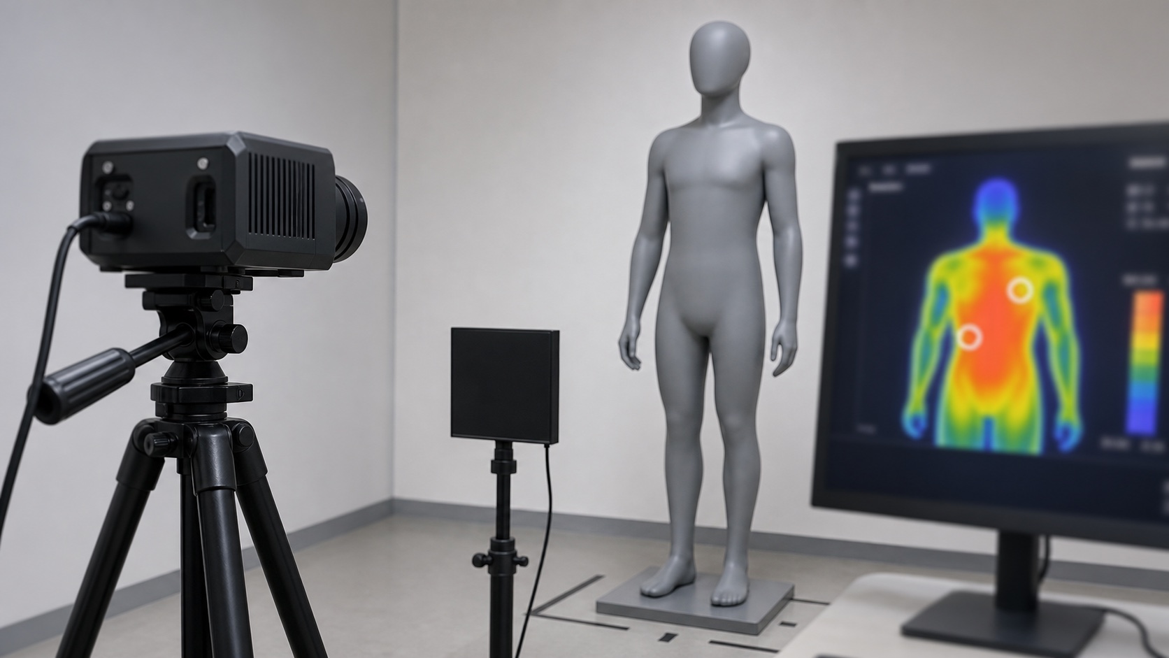 Camera termografica em ambiente clinico controlado apontada para modelo padronizado com monitor ao lado