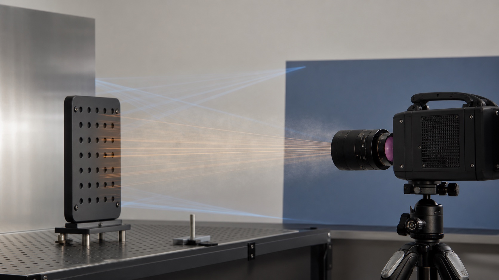 Bancada de radiometria com camera termografica, objeto aquecido, painel refletor e caminho optico no ar