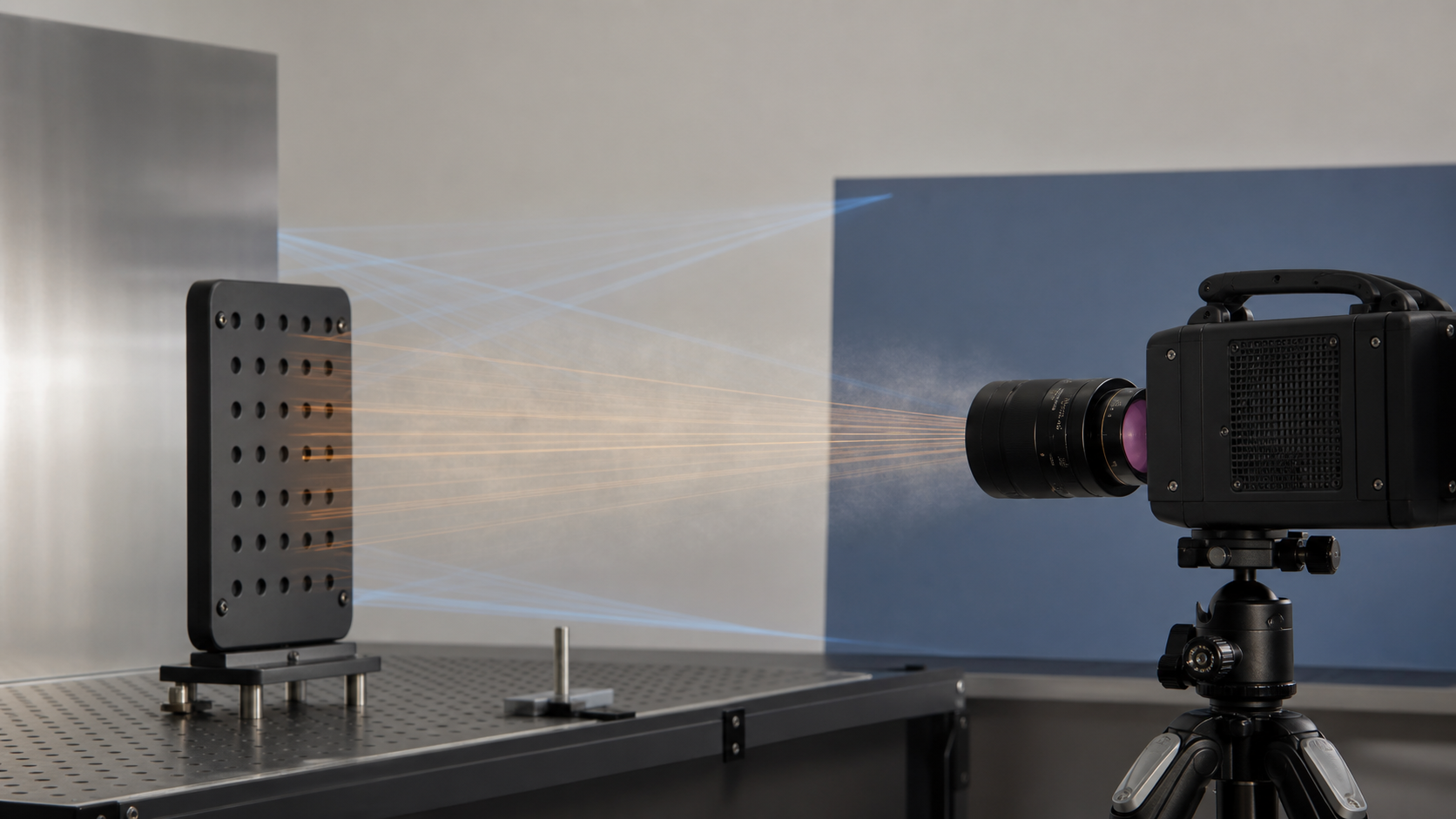 Bancada de radiometria com camera termografica, objeto aquecido, painel refletor e caminho optico no ar