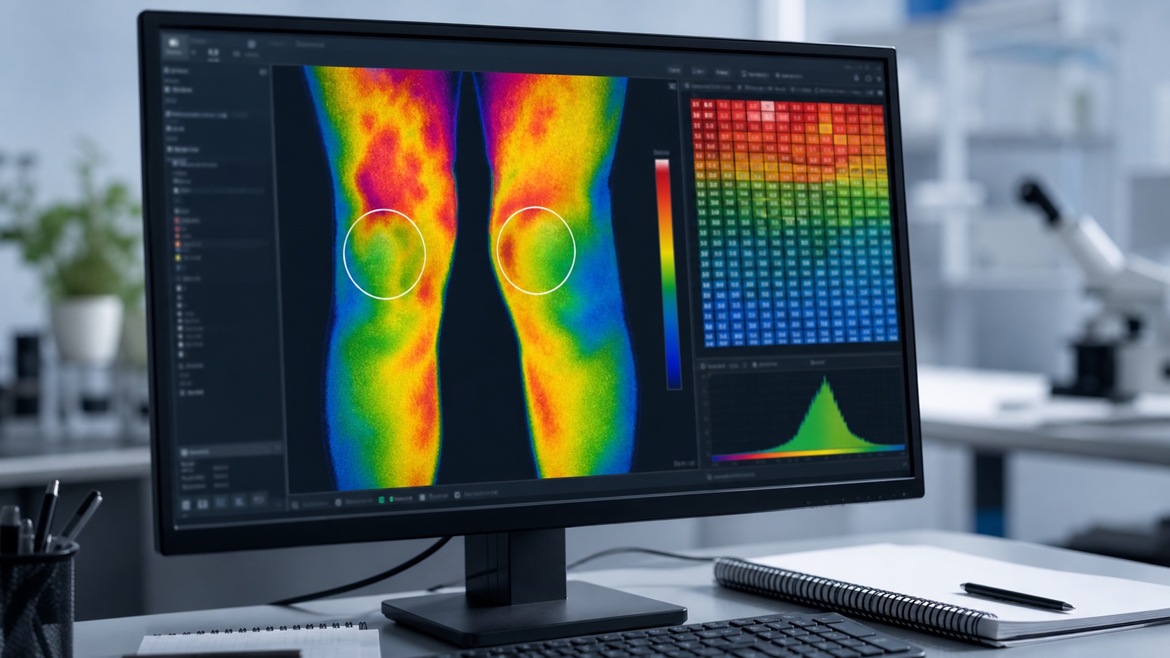Monitor de software radiometrico com termograma de joelhos, circulos de ROI, matriz numerica e painel de histograma